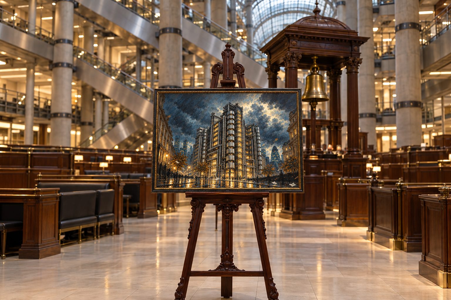 An oil painting of the Lloyd's building in a storm, on an easel in the Lloyd's Underwriting Room
